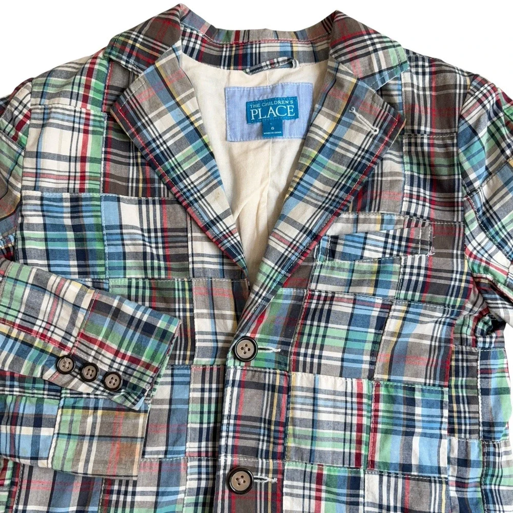 Childrens Place Patchwork Blazer Jacket Boys Size 6 Madras Kids Preppy